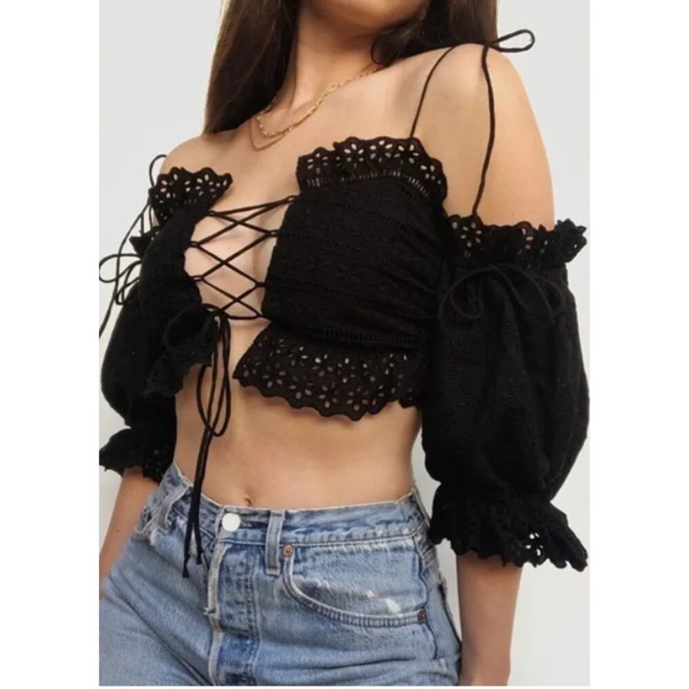 For Love & Lemons Black Lace-Up Crochet Crop Top